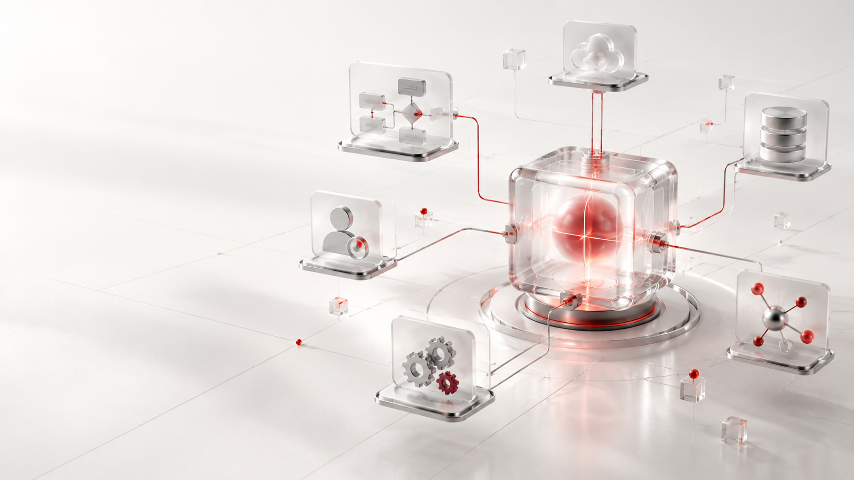 Abstraktes KI-Betriebssystem: ein intelligenter Kern verbindet Daten, Workflows und Unternehmenssysteme.